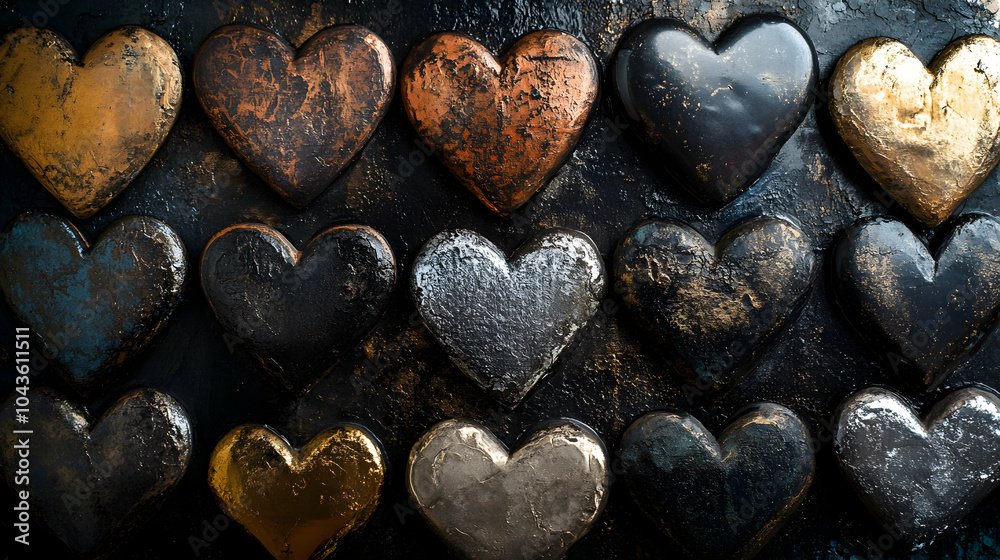 Obraz premium Symmetrically Arranged Large Metallic Hearts on a Black Background