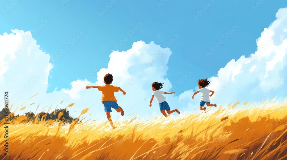 kids playing outside illustrations, energetic kids chasing each other in a large open field under the blue sky kids playing outside illustrations, energetic kids chasing each other in a large open field under the blue sky