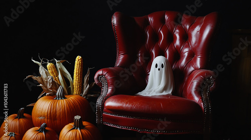 A spooky red leather chair with Halloween decorations, including gourds and corn on the cob wrapped in white fabric. A skeleton is sitting up against it wearing black gloves. Black background.  photo