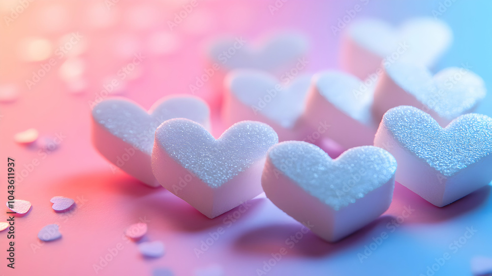 Fototapeta premium Minimalist Design Featuring White Hearts on a Soft Gradient Background Transitioning from Pink to Blue
