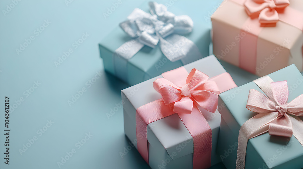 Obraz premium Multiple Pastel-Colored Gift Boxes with Ribbons on a Light Background