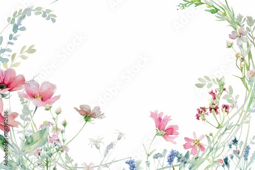 Watercolor floral border with pink and green accents