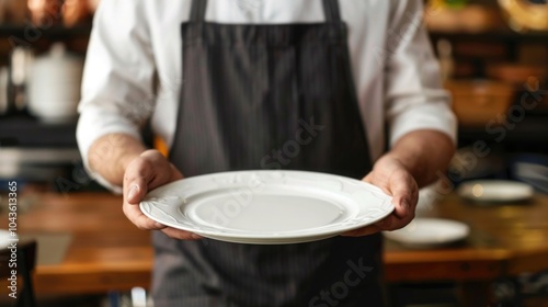 Waiter wearing an apron, holding an empty plate with both hands in a restaurant. Hospitality and service concept