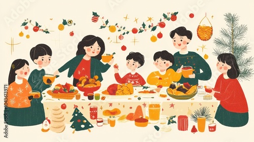 Christmas family dinner illustrations, joyful family gathered around a beautifully decorated table, celebrating Christmas together