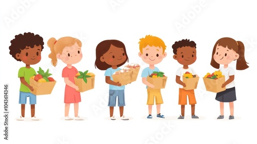 children volunteering illustrations, kids working together to distribute food and help others in their community