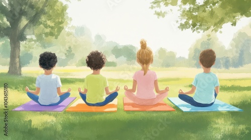 children practicing yoga illustrations, group of children in a serene park, practicing yoga on colorful mats