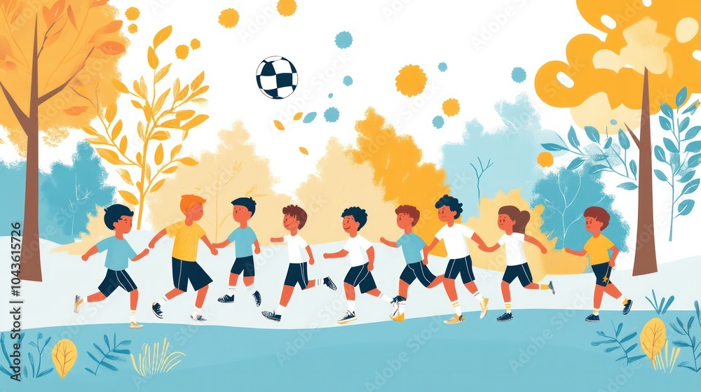 Fototapeta premium children playing sports illustrations, diverse group of kids enjoying a friendly soccer game in a sunny park