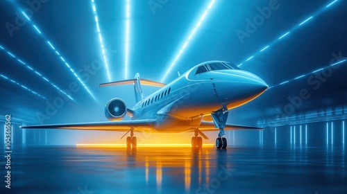 A luxurious private jet showcased in a contemporary hangar illuminated with vibrant blue and orange lights