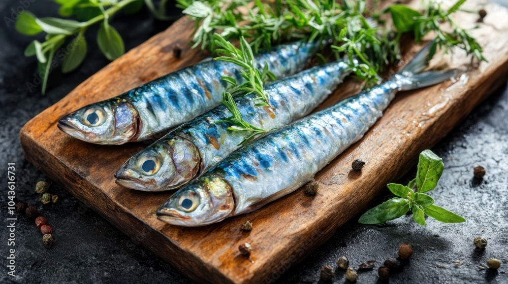Realistic image of freshly caught sardines, arranged on a wooden board with herbs. Realistic image of freshly caught sardines, arranged on a wooden board with herbs.