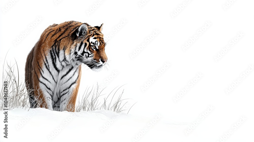 Obraz premium A majestic tiger prowling through a snowy landscape, showcasing its striking stripes against the pristine white backdrop.