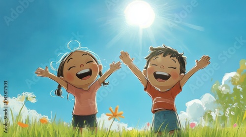 children laughing illustrations, children laughing joyfully under a bright blue sky in a park