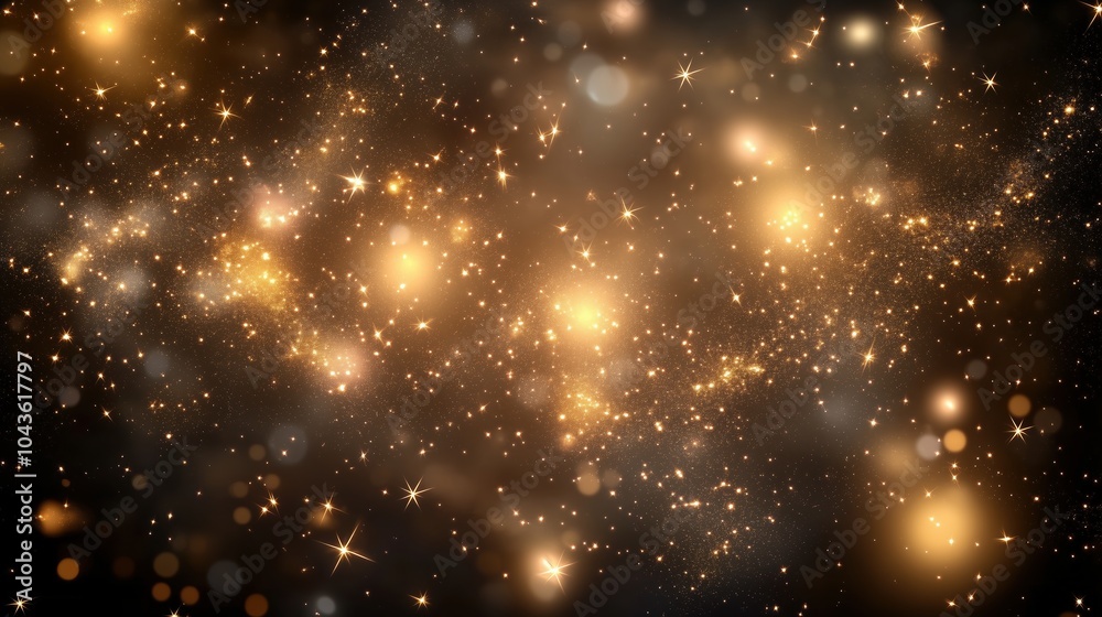 Obraz premium Enchanting golden stars and glittering bokeh lights against a black background, creating a magical and festive atmosphere. Perfect for special celebrations, holiday events, or elegant design concepts,