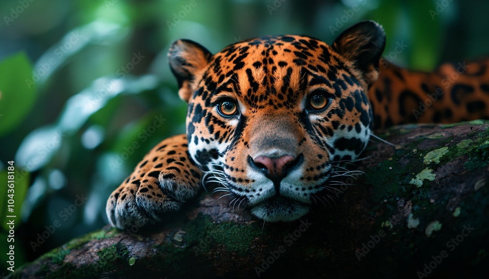 Obraz premium Majestic Jaguar Relaxing on Tree Branch with Sunlight Filtering Through Leaves - Medium Shot