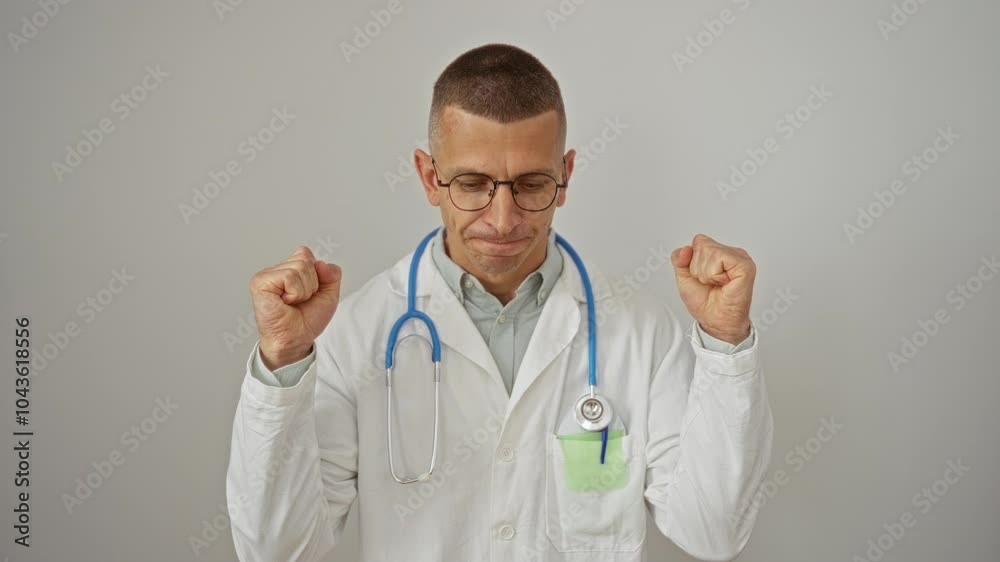 Caucasian male doctor with stethoscope wearing glasses and white coat standing against white background while raising both fists in a confident manner Caucasian male doctor with stethoscope wearing glasses and white coat standing against white background while raising both fists in a confident manner