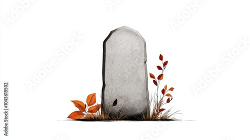 A solitary gravestone surrounded by autumn leaves and grass, symbolizing remembrance and the passage of time. photo