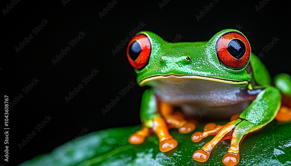 Fototapeta premium Vibrant Red-Eyed Tree Frog Close Up on Wet Leaf - Tropical Rainforest Wildlife