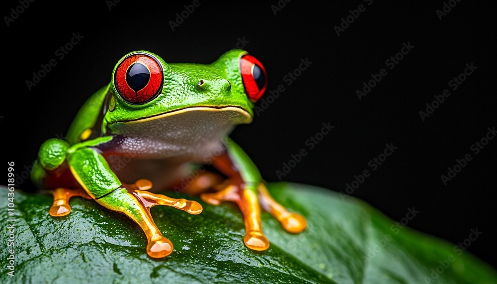 Fototapeta premium Vibrant Red-Eyed Tree Frog Close Up on Wet Leaf