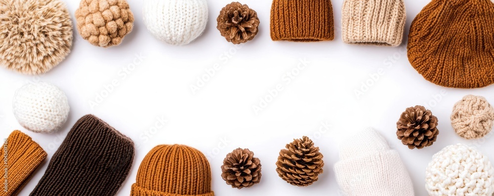 Cozy hats and pine cones arranged on a white background.
