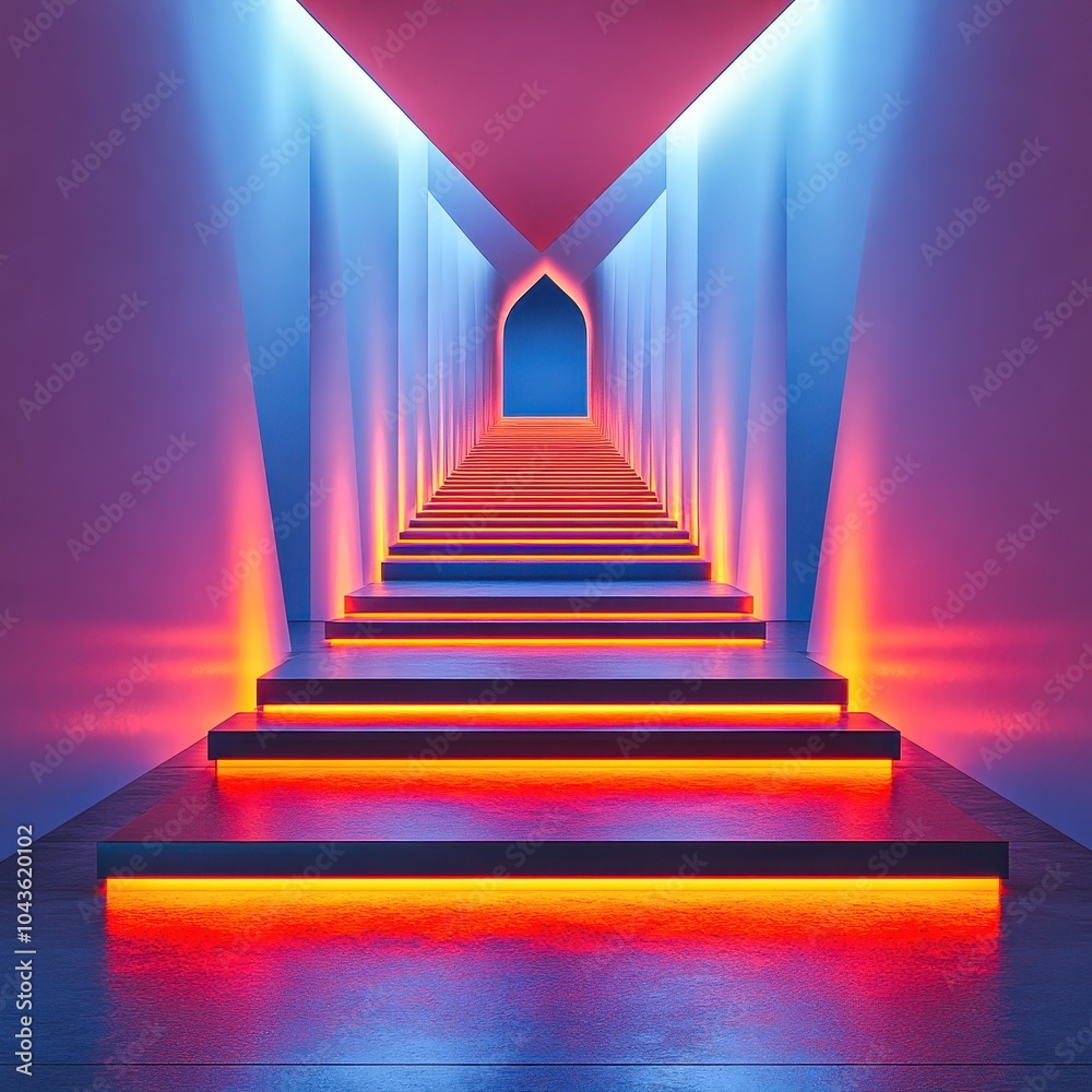 Obraz premium Stairway leading to a mysterious doorway bathed in vibrant colors