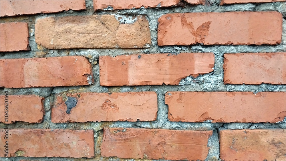 a close-up view of a brick wall. The bricks are reddish-orange in color and are arranged in a horizontal pattern with gray mortar in between them a close-up view of a brick wall. The bricks are reddish-orange in color and are arranged in a horizontal pattern with gray mortar in between them