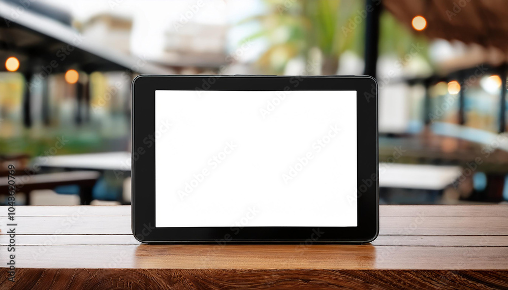 Digital tablet with blank screen on wooden table, blurred backdrop. Mock-up. Digital tablet with blank screen on wooden table, blurred backdrop. Mock-up.