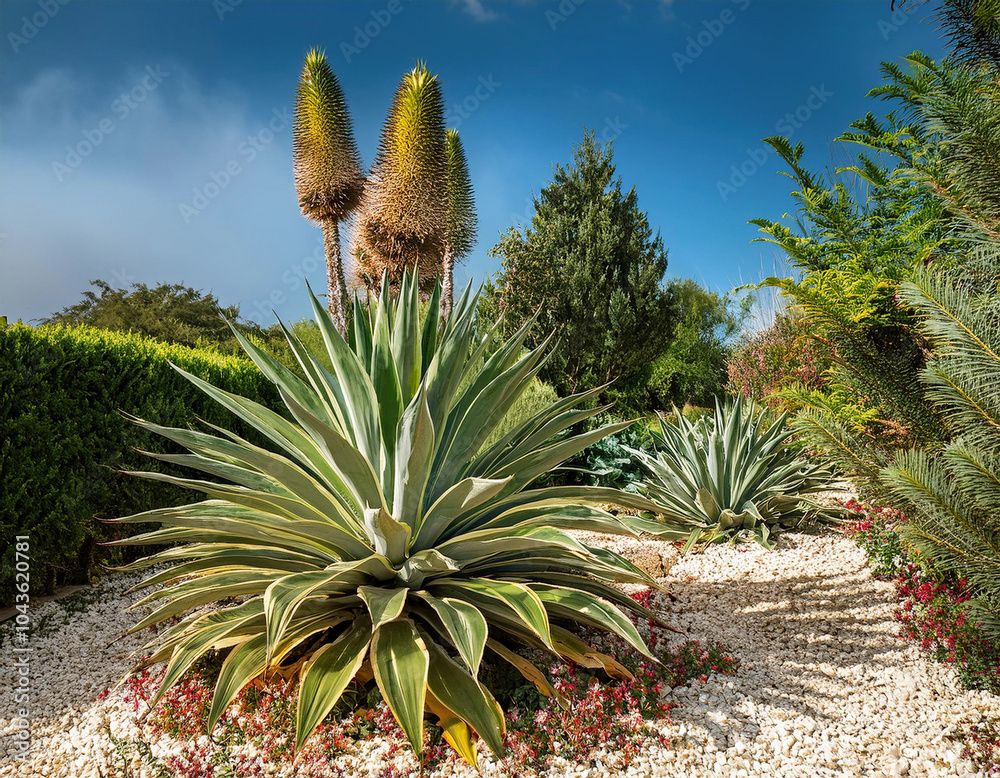 Fototapeta premium Garden with aloe vera and cactus in botanical garden