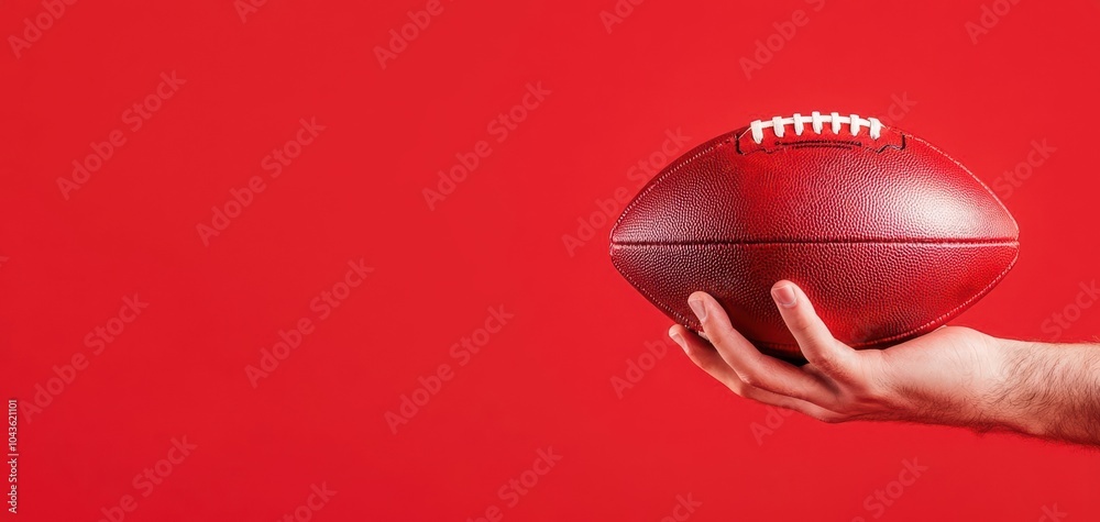 Hand holding a red football against a vibrant red background. Hand holding a red football against a vibrant red background.