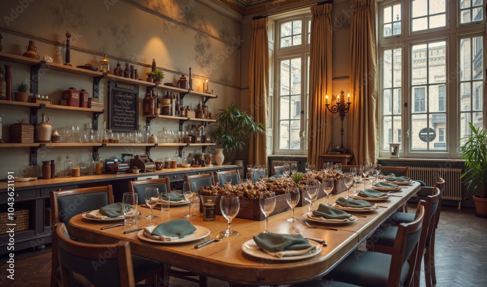 Rustic dining table set for a meal in a cozy restaurant. Rustic dining table set for a meal in a cozy restaurant.
