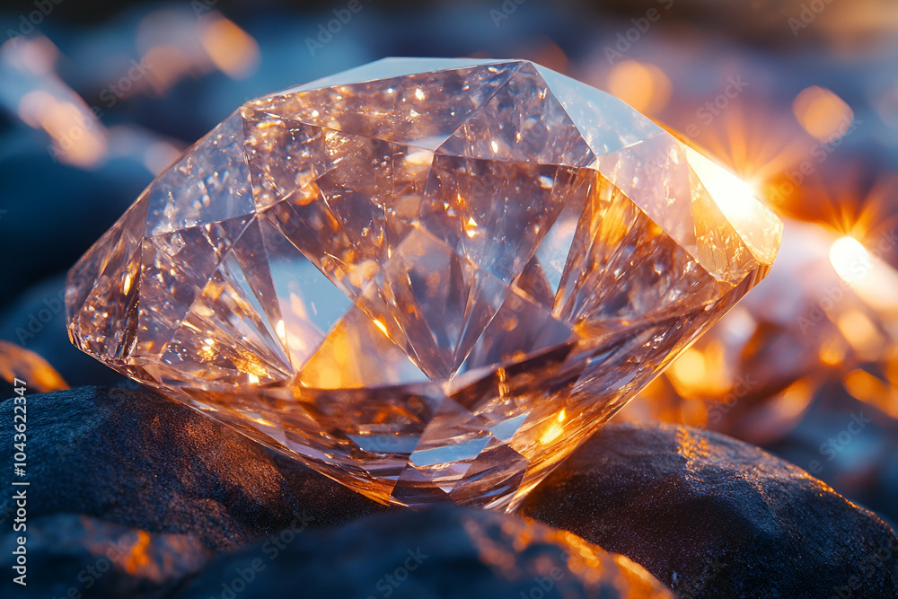 A sparkling diamond rests on dark rocks, reflecting warm light and intricate facets, creating a striking visual contrast. A sparkling diamond rests on dark rocks, reflecting warm light and intricate facets, creating a striking visual contrast.