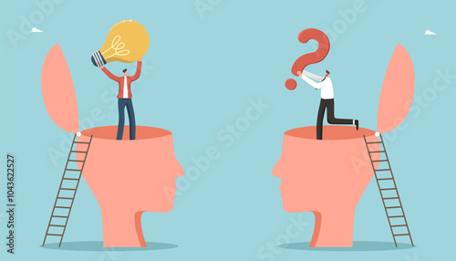 Brainstorming to solve business problems, creativity or intelligence to create new ideas or opportunities, thought process or logic to achieve goals, men holding question mark and light bulb in heads.