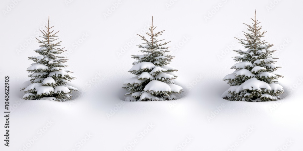 Three snow-covered evergreen trees on a white isolated background. Three snow-covered evergreen trees on a white isolated background.