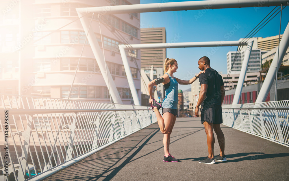 Woman, man and stretching legs on bridge with warm up for muscle, health and start training in city. People, partnership and ready in profile for exercise, fitness and workout for wellness in morning Woman, man and stretching legs on bridge with warm up for muscle, health and start training in city. People, partnership and ready in profile for exercise, fitness and workout for wellness in morning