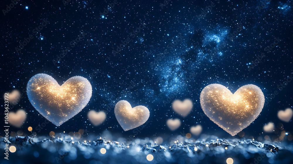 Obraz premium White Glowing Hearts Floating on a Deep Starry Night Background