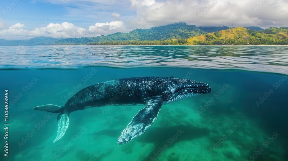 Naklejka premium Whale infused with a vibrant bay in the Philippines, slight clouds, copy space, lively tropical tones