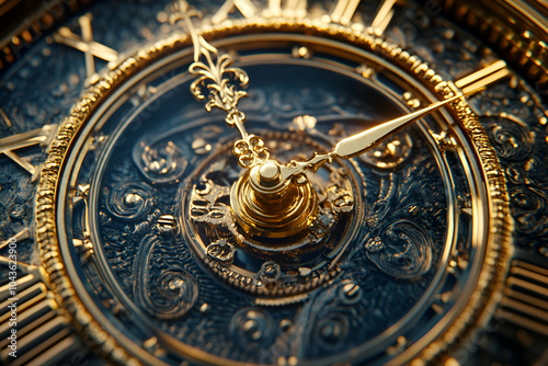 A close-up of a vintage clock face, showcasing intricate gold detailing and elegant clock hands on a dark blue background.