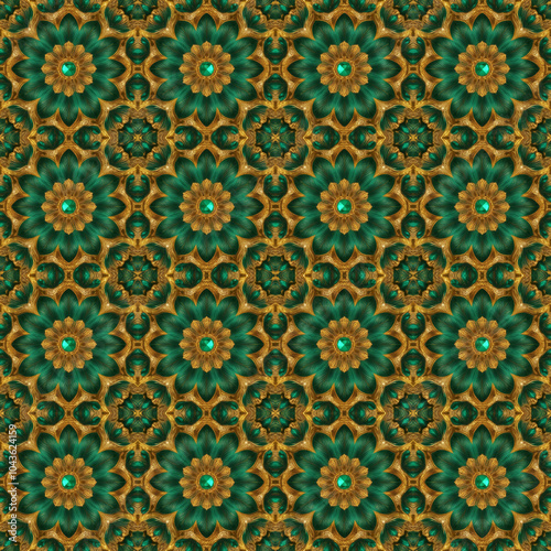 Seamless emerald and gold floral pattern. Oriental green and gold pattern.