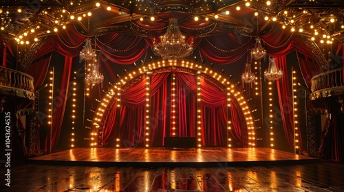 grand circus stage with vibrant red curtains and sparkling chandeliers creates dramatic and enchanting atmosphere. wooden floor reflects warm glow of numerous lights