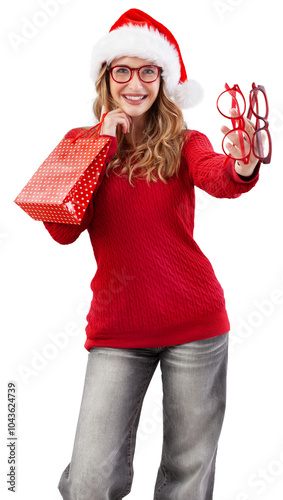 Smiling Christmas woman wears red glasses and Santa hat. Holding shopping bag and show spectacles models, isolated on white background. Online shopping sale and offer from optician shop or web store