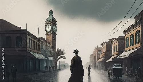 treet of Lagos in 1930 with a figure with black overcoat looking toward lagos cathedral  clock tower in lagos 