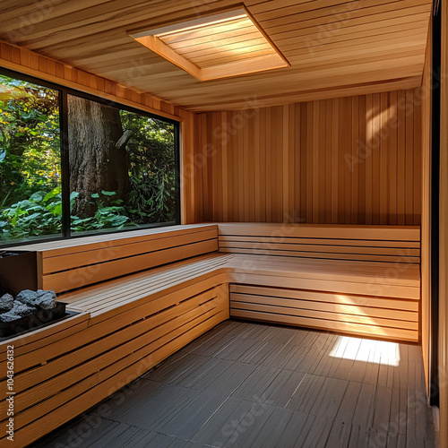 Serene Wooden Sauna Interior with Sunlight Streaming Through the Window and Gentle Steam Rising, Perfect for Wellness and Spa Themes photo