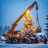 Construction crane lifting christmas tree in snowy landscape