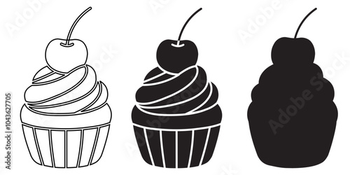 Cupcake Icon Sign Vector Design. Cherry Cupcake Silhouette. Tempting Cupcake Delight. Black Cupcake Silhouette. Sweet Cherry Pastry Sign. Isolated On Transparent Background.