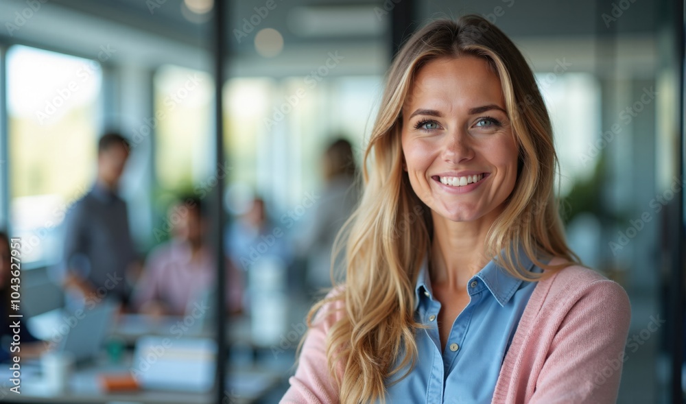Obraz premium Smiling Businesswoman in Office Environment with Colleagues