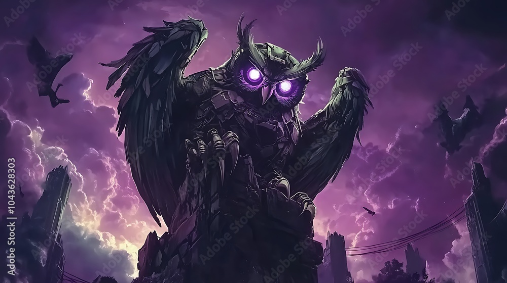 Fototapeta premium Giant Mechanical Owl in a Dark Fantasy Scene
