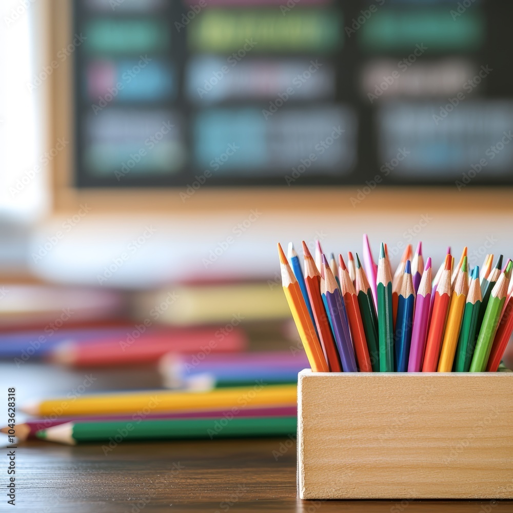 A vibrant collection of colored pencils in a wooden holder on a blurred classroom background. A vibrant collection of colored pencils in a wooden holder on a blurred classroom background.