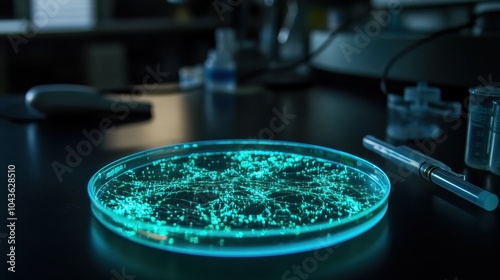 Glowing Microbes in Petri Dish with Bioelectric Energy photo