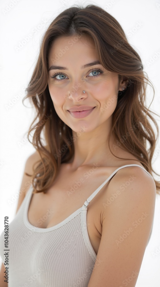 Portrait of Smiling Woman with Wavy Hair and Nose Piercing Portrait of Smiling Woman with Wavy Hair and Nose Piercing