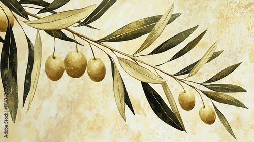 Olive Branch Illustration with Leaves and Clusters of Olives