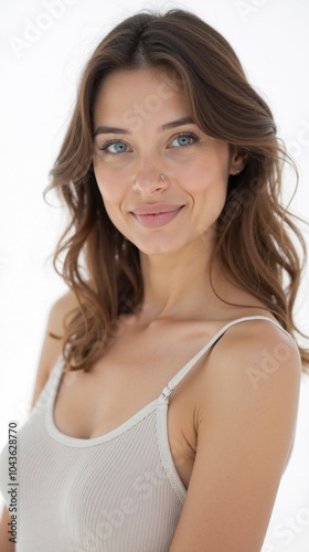 Portrait of Smiling Woman with Wavy Hair and Nose Piercing