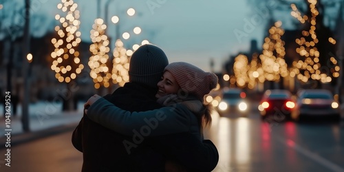 Festive-loving couple hugging and celebrating new year on a street